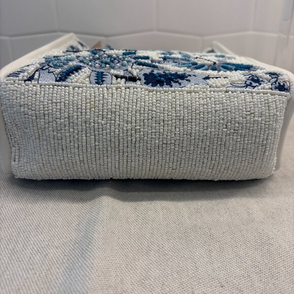 Viral Beaded Satchel bag w/ Bamboo Handles - Made in India - Blue and White - Picture 5 of 12